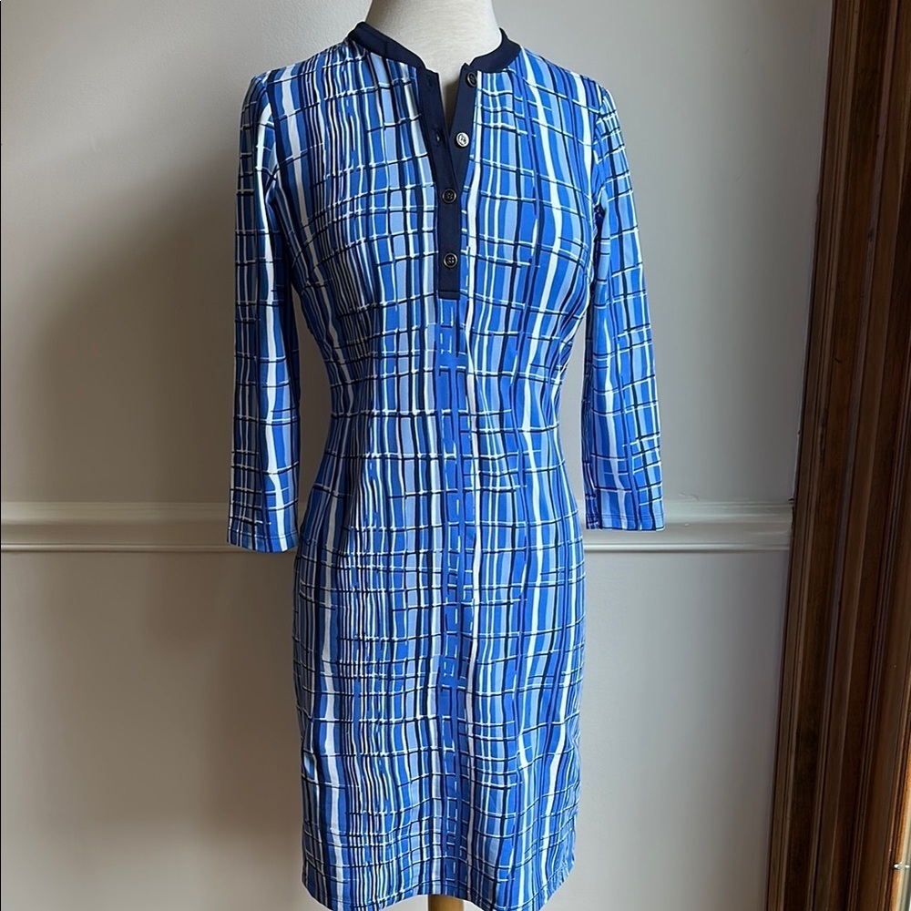 J. McLaughlin Biscayne Dress 3/4 sleeves Nautical Blue Navy Crackle XS EUC